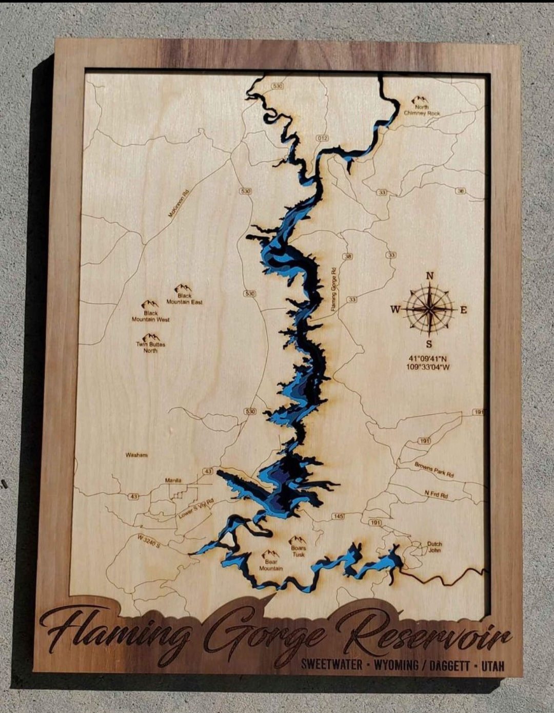 Flaming Gorge Layered Lake Map | Flaming Gorge Wood Lake Map | Flaming Gorge Gifts
