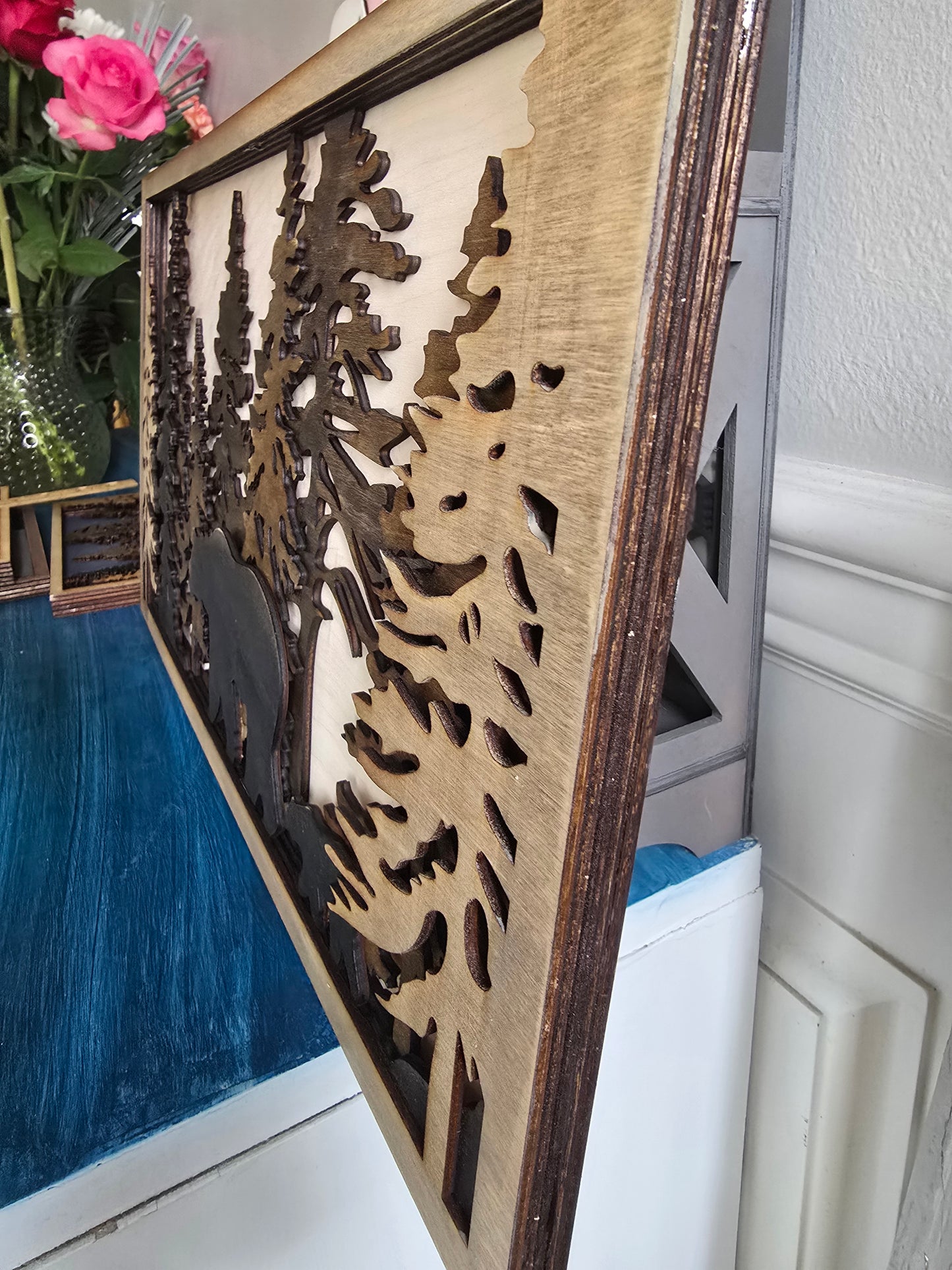 Bear Family in Forest Layered Wood Home Decor