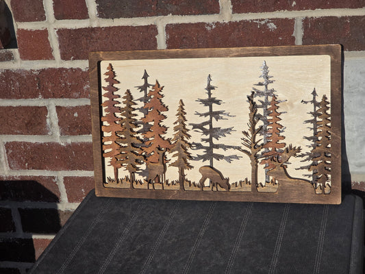 Deer Family in Forest Layered Wood Home Decor
