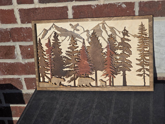 Bear Family in Forest Layered Wood Home Decor