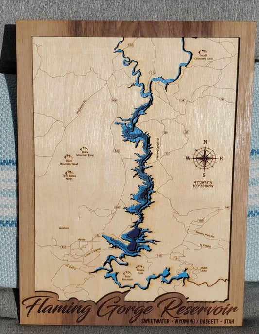 Flaming Gorge Layered Lake Map | Flaming Gorge Wood Lake Map | Flaming Gorge Gifts