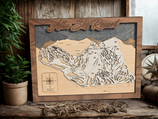 Alta Ski Resort Layered Wood Map | Utah Ski Resort | Topographic Map