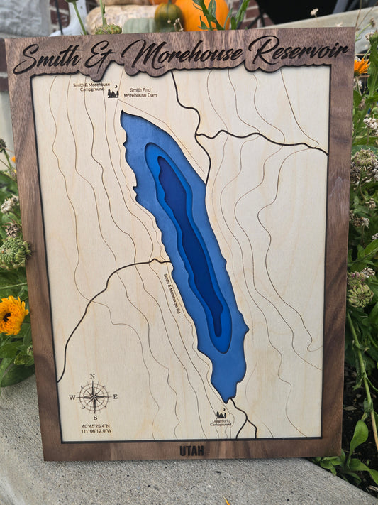 Smith & Morehouse Reservoir Layered Wood Map | Utah Gifts | Topographic Map